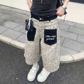 美式复古豹纹牛仔裤女秋季口袋设计高街垂感直筒七分裤