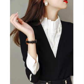 2023秋新款百搭套头宽松优雅气质立领珍珠洋气针织外穿直筒女上衣