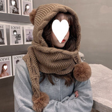 韩版毛线帽子女秋冬百搭连围巾一体帽可爱毛球护耳加厚保暖针织帽