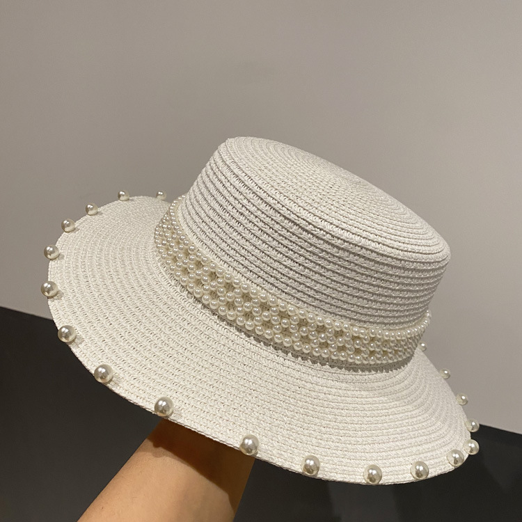 Summer Retro Large Brim Sunscreen Pearl Straw Hat display picture 4