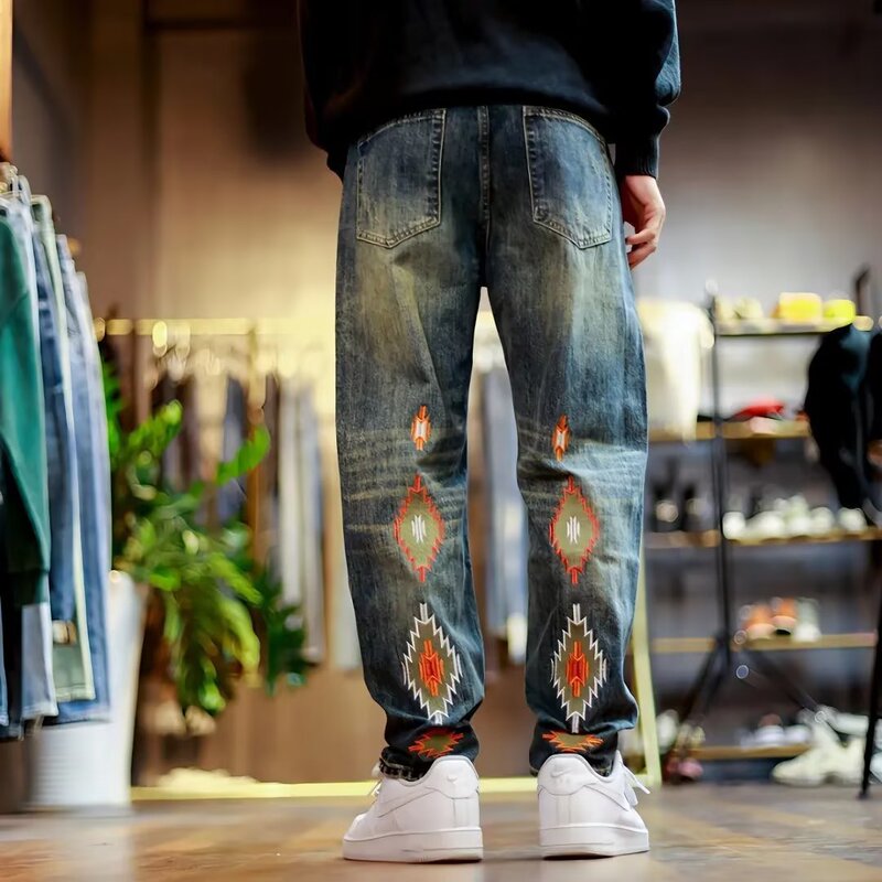 Cross-Border Designer Heavy-Duty Retro Embroidery Trendy Brand Washed Jeans Men's Loose Straight Casual Long Pants Men
