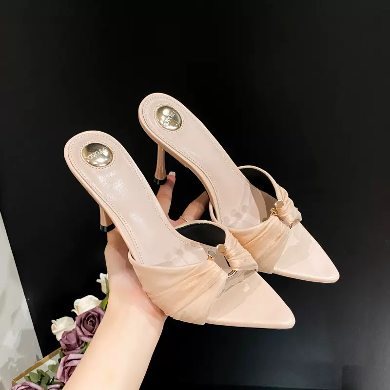 L-67杨树林2025新款尖头外穿凉拖鞋夏配裙子高级感褶皱细跟凉鞋女