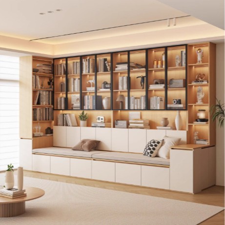 Modern Living Room-Integrated Full-Wall Bookshelf with Glass Doors, Bench Sofa, Storage Cabinet, Enf Grade