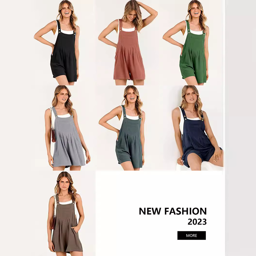 Amazon Cross-Border Women's Pocket Cotton and Linen Loose Casual Slimming Wide-Leg Jumpsuit Shorts for Women