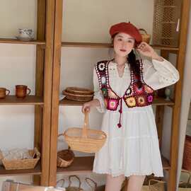 钩花民族风马甲背心女开衫镂空小个子外穿旅游拍照短款手工编织衫