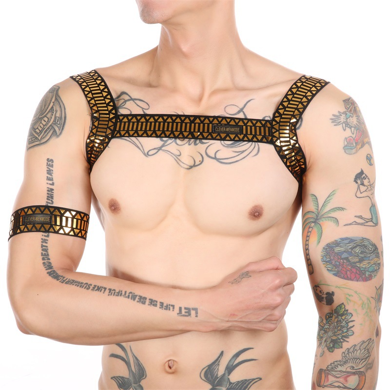 Euro-American Men's Nightclub Performance Gold & Silver Sequin Tight, Sexy Lingerie with Chest Straps, Camo Bondage Belt, and Shoulder Straps—AVAILABLE on EBAY