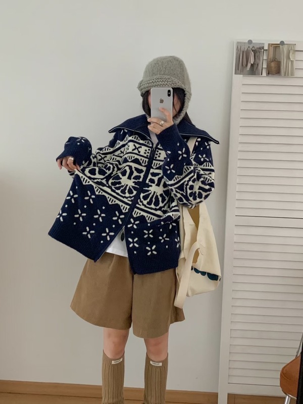 韩版复古大翻领撞色提花毛衣外套女秋冬新款宽松拉链针织开衫外穿|undefined