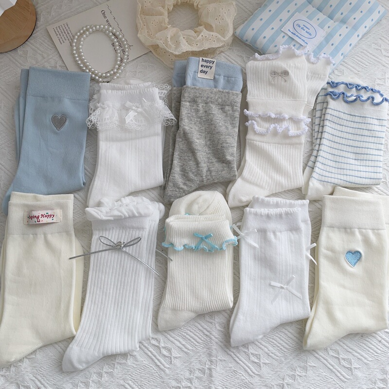 25 spring new socks women's blue and white combination tube socks ins trendy Japanese bow summer breathable pile socks 25 spring new socks women's blue and white combination tube socks ins trendy Japanese bow summer breathable pile socks