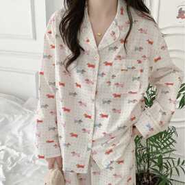 韩国ins女士春季新款韩版卡通腊肠狗长袖长裤开衫睡衣套装家居服