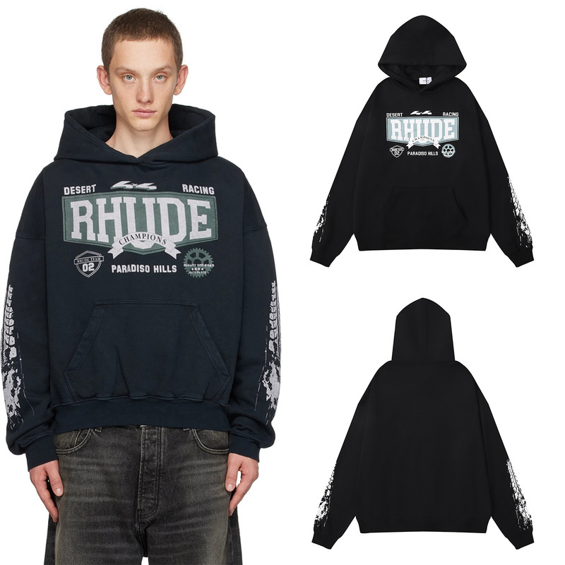 Trendy Rhude autumn new letter icon printing high quality terry hoodie black loose sweater autumn