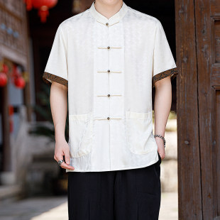 2025 Summer New Chinese Style Ice Silk Shirt Tang Suit One-Button Short Sleeve t National Style Half-Sleeve Men's Button-Up Top