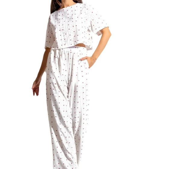 Cross-border TEMU Spring and Autumn New European and American Fashion Casual Printed Hollow Jacquard Navel Short-sleeved Pants Two-piece Set