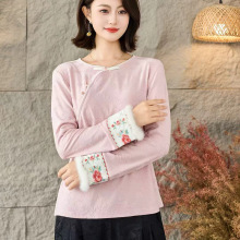 2025秋冬新款圆领套头复古盘扣长袖T恤纯色民族风刺绣抓绒打底衫