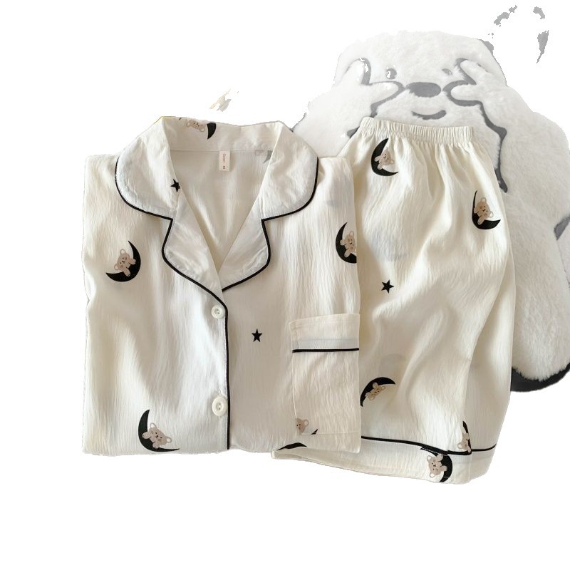 Nube de algodón pijama de mujer impresión de dibujos animados suelta adelgazamiento conjunto de dos piezas de verano nuevo gran pareja dormitorio ropa para el hogar