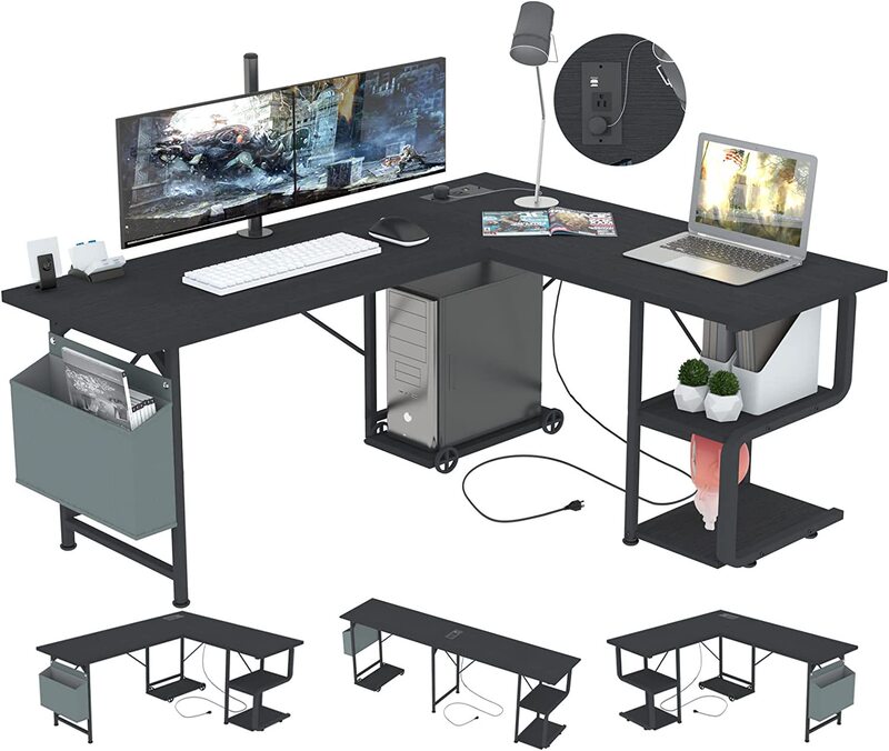 Home Office Desk USB Charging Port and Power Outlet Writing Study Desk Shelf Reversible L Desk