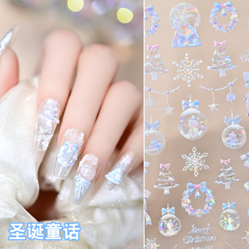 Nuevo cuento de hadas de Navidad relieve conchas luz bola de Navidad muñeco de nieve copo de nieve árbol de Navidad arco pegatinas de alce transfronterizas