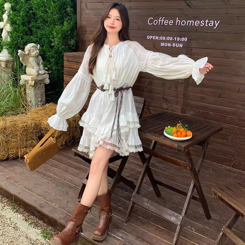 Bohemian Resort-Style White Lantern-Sleeve Dress with Early Autumn Vibes, Sweet First Love Style, Tie-Up V-Neck Short Dress