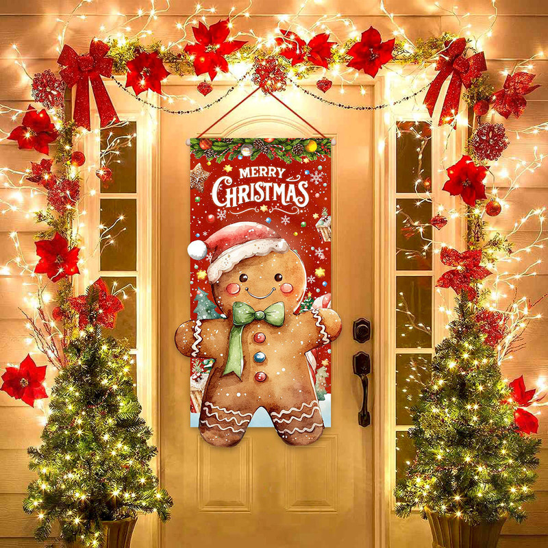 クロスボーダージンジャーブレッドマンパターンドアクリスマスドアカーテンフラグ屋外撮影2025パーティー背景装飾吊り布|undefined