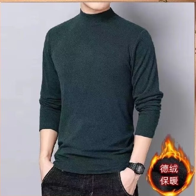 Fabricante de origen camiseta de manga larga de terciopelo de doble cara para hombre otoño e invierno de terciopelo alemán con cuello medio, ropa de otoño de color sólido, camisa de fondo de cuello medio alto