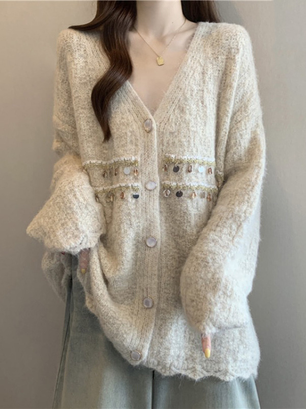 慵懒风灰色V领亮片毛衣外套女2025秋冬大码胖mm针织开衫软糯上衣|undefined