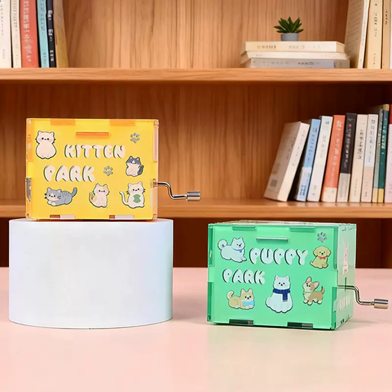 亚克力音乐盒定制卡通萌宠印花diy手工拼装手摇八音盒创意伴手礼