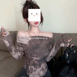 春季辣妹法式独特别致荡领一字肩上衣扎染不规则长袖t恤打底衫女