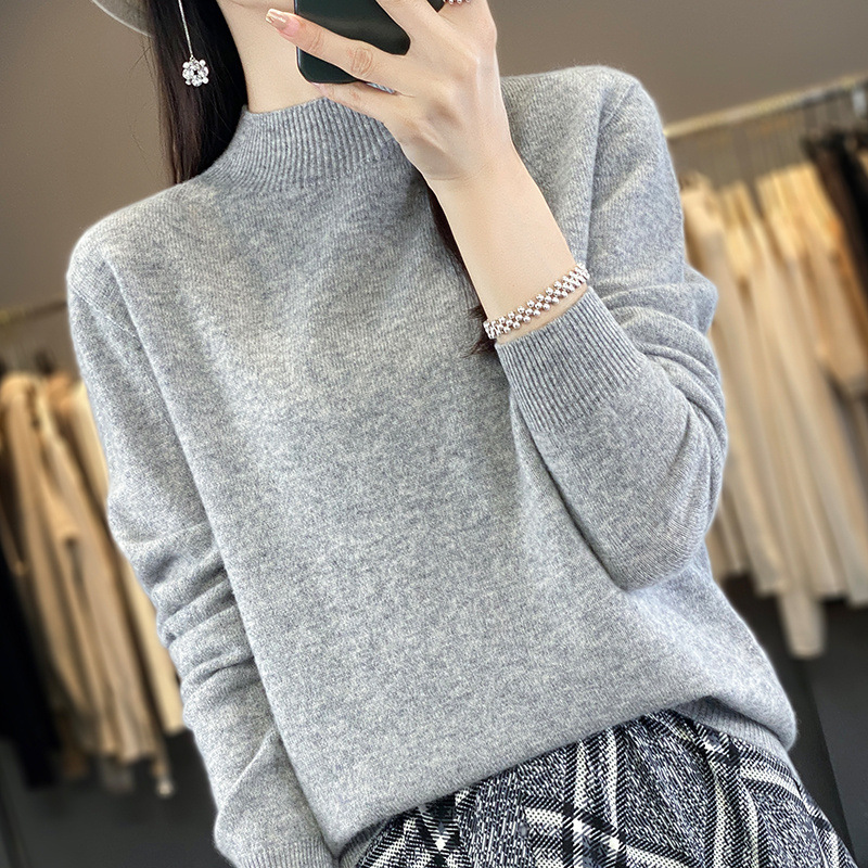 100%純毛セーター、ワンライン仕立て、シームレス、女性用ハーフタートルネック、ゆったりとしたニットセーター、シンプルな通勤スタイル
