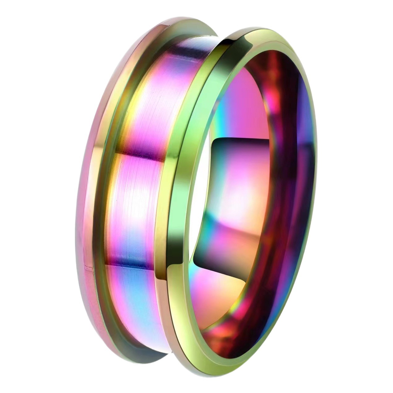European and American Rings Men's Simple 8mm Double Bevel Groove Ring Men's Trendy Titanium Steel Ring Steel Embryo Men's Ring