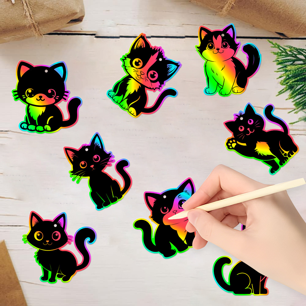 Nueva decoración de cumpleaños, tarjeta de rascar de bricolaje para gatos, adornos de pintura de raspado de gato colorido, adornos de decoración de fiesta de cumpleaños, adornos