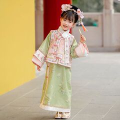 格格旗袍套装古装25印花儿童汉服女童春秋中式旗袍清朝新款中国年