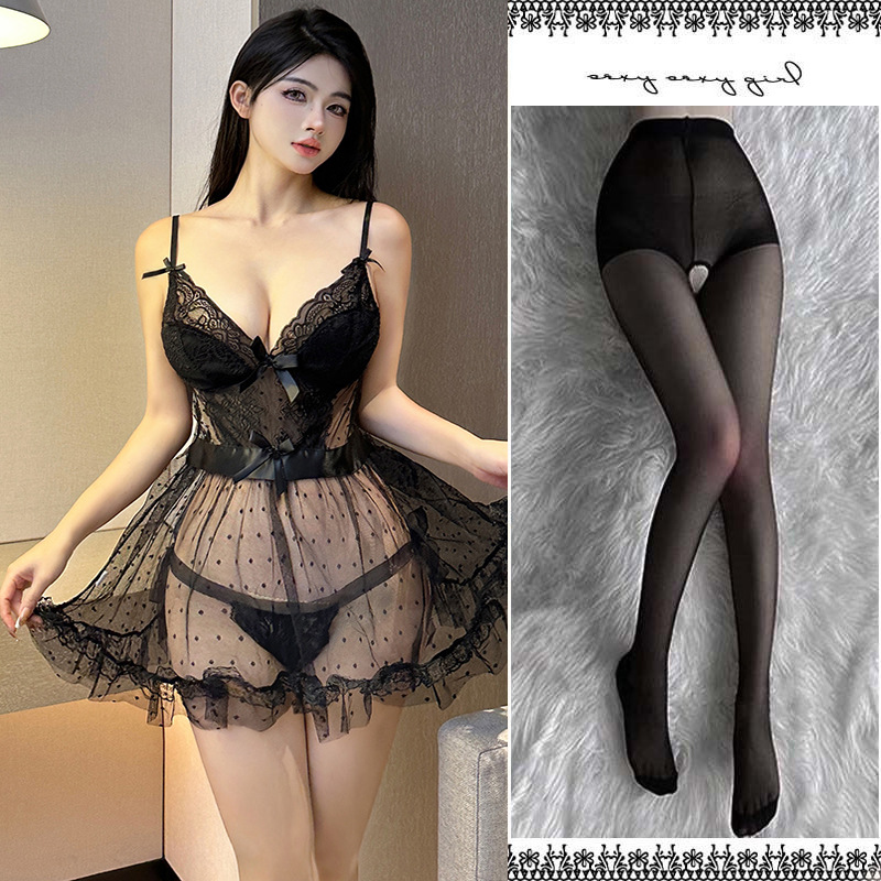 (블랙) 섹시한 잠옷 팬티 블랙 오픈 스타킹