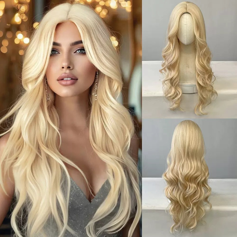Foreign Trade European and American Wig 613 Blonde Medium Parted Small Curly Long Curly Hair Headgear Machine-Made Wig Cross-Border Manufacturer Wholesale