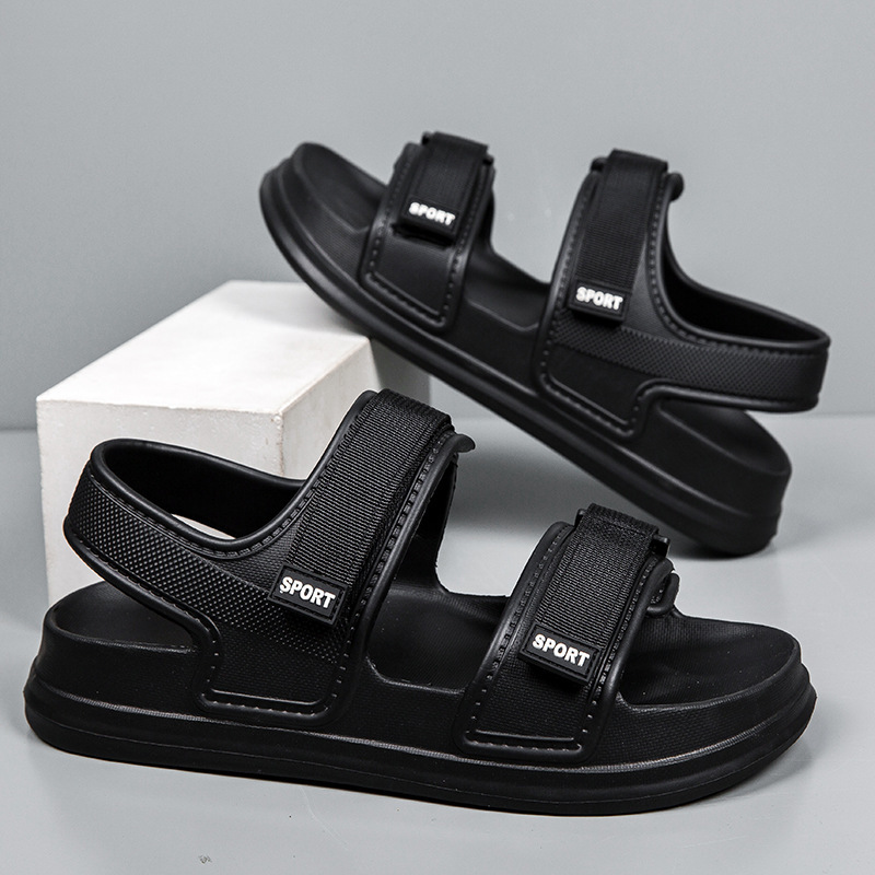 Men's Pure Black Sandals Summer New Fashionable Soft Sole Casual Beach Shoes Velcro Vietnamese Roman Shoes