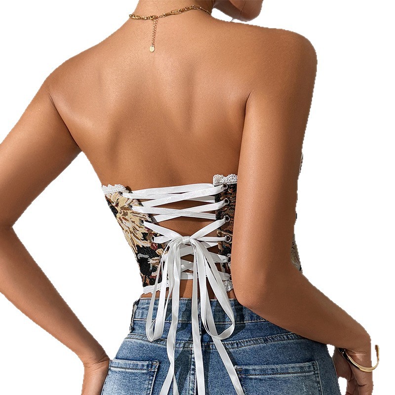 Sutiã espinha de peixe sexy, estilo retrô, top tomara que caia estampado com amarração cruzada para mulheres estilosas._voghion.com