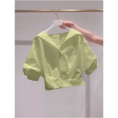 Wow~フランスの美しい女性用半袖トップス、新しい夏スタイル、レイジースタイル、年齢を軽減するラペルパフスリーブショートシャツ