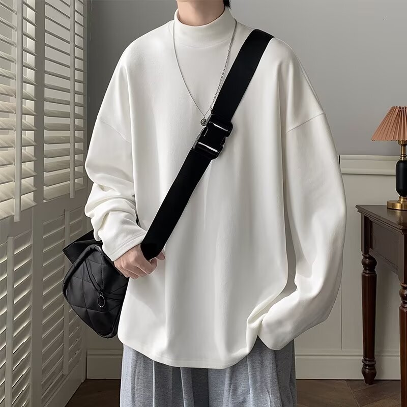 Solid Color Semi-high Collar Fleece Long-sleeved T-shirt Men's American Style Fashionable Casual Good-looking Loose Inner Base Shirt Sweater Solid Color Semi-high Collar Fleece Long-sleeved T-shirt Men's American Style Fashionable Casual Good-looking Loose Inner Base Shirt Sweater