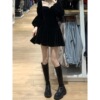 One line neckline long sleeved small black dress with waistband velvet short skirt， elegant dress
