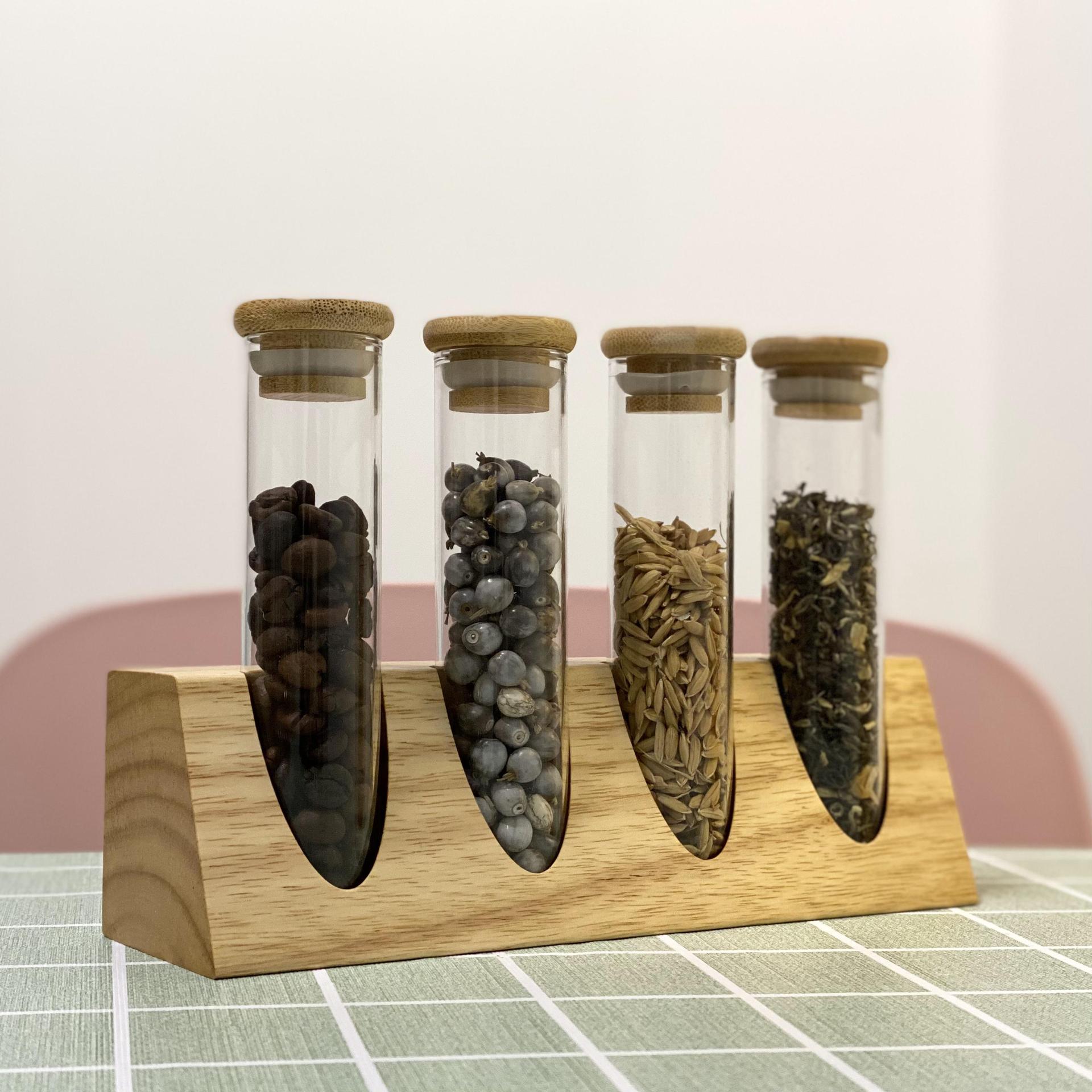 Tubo de ensayo de vidrio de borosilicato estante de exhibición de madera maciza muestra té granos de café cocina clasificación de almacenamiento tanque de almacenamiento