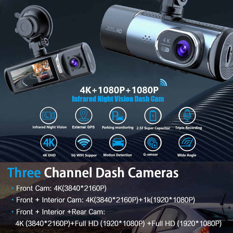 4K+1K+1K 3-Lens Wifi Car Dash Cam Mobile App High-Definition Dash Cam Dashcam