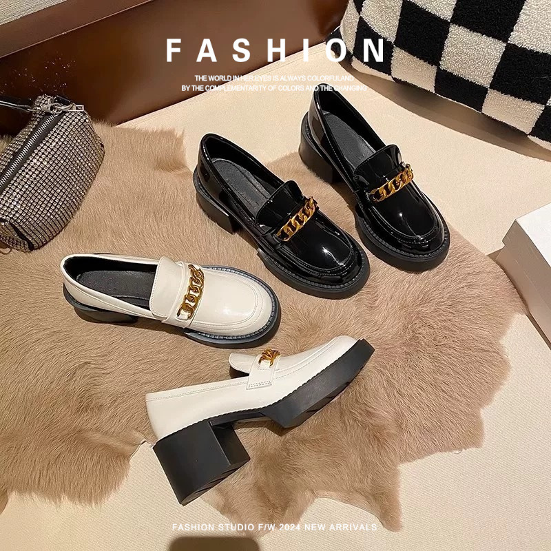 Cowhide Thick-Soled Loafers Black Small Leather Shoes for Women Spring & Fall Hong Kong Retro High-Heeled Shoes Thick British Style Chain