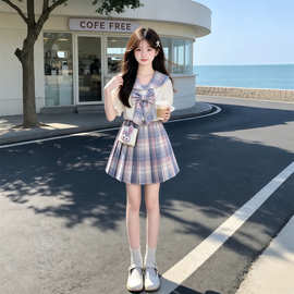 女童甜美可爱洋气蝴蝶结短袖夏季韩系套装小女孩格纹百褶裙两件套