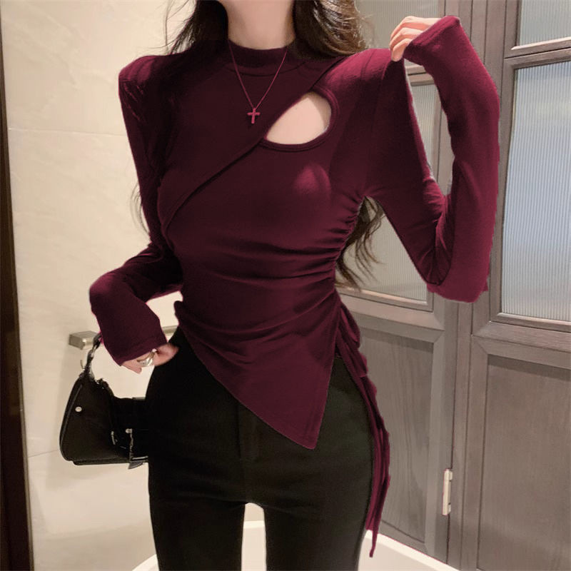 Hollow-out Fashionable Crewneck Shoulder Long-sleeved T-shirt Spring and Autumn Slim-fit Slimming Spice Girls Ins Sexy Pure Style Top Ins