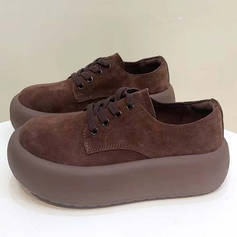 磨砂皮圆头复古休闲鞋2025秋冬季新款百搭厚底系带松糕保暖面包鞋