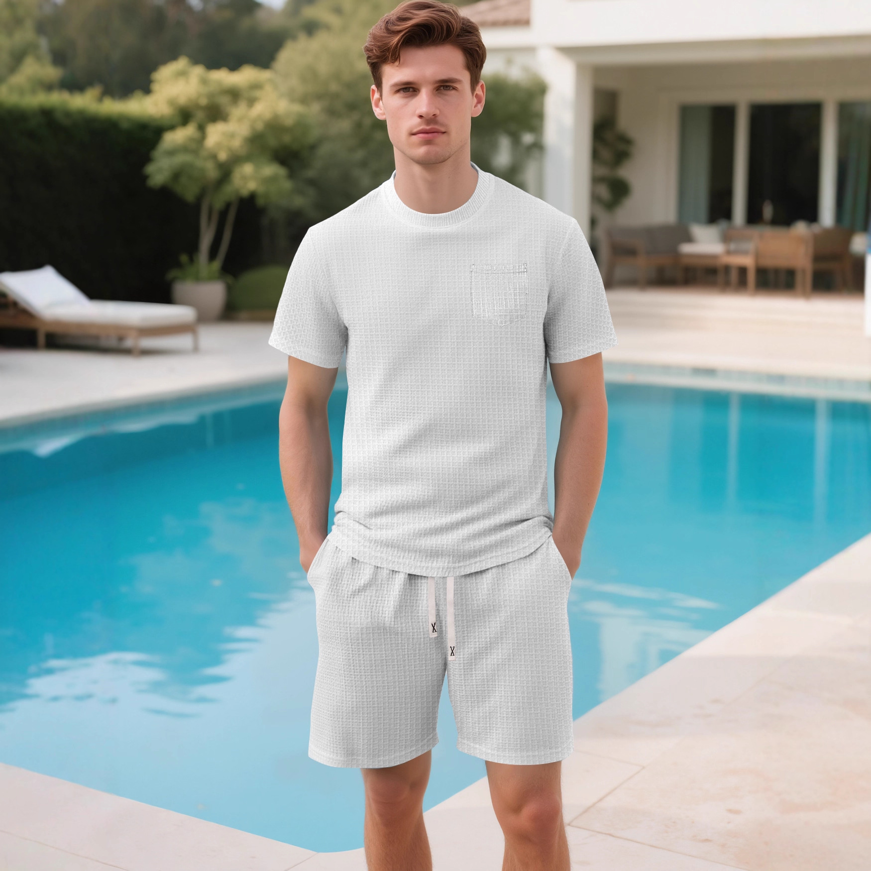 Nuevo transfronterizo Europa y América Amazon verano nuevo producto de hombre delgado waffle casual deportivo de manga corta set de pantalones cortos