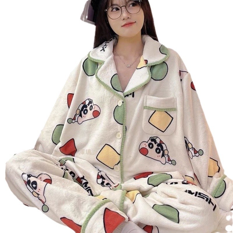 크레용 작은 새 산호 양털 가을과 겨울 잠옷 여성 기모 두꺼운 홈 의류 커플 2024 새로운 남성 세트