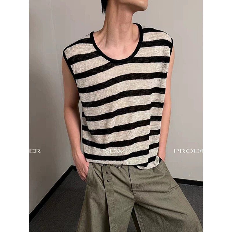 Lazy Style Color-Blocked Striped Knit Vest for Men, Relaxed Beach Vacation Drapey Loose Casual Sleeveless T-Shirt