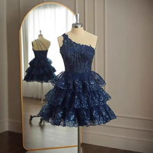 单肩晚礼服藏青色宴会派对小礼服亮片高级感小众名媛短款修身礼服