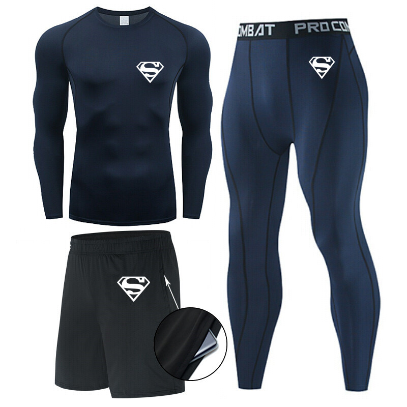 Traje de hombre de compresión de tres piezas de secado rápido medias de manga corta para correr traje deportivo ropa de entrenamiento de baloncesto gimnasio