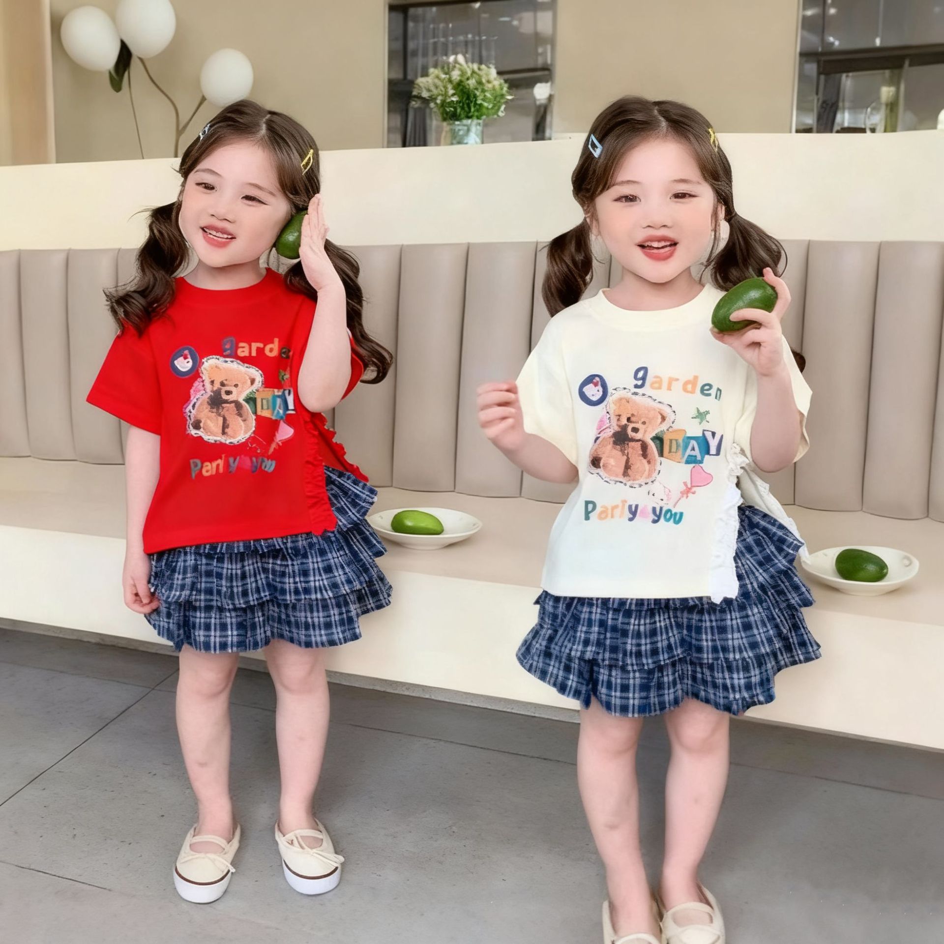 Girls Summer Suit 2025 New Style Kidsren's Fashionable Short-Sleeved T-Shirt Cake Skirt Baby Summer Two-Piece Set