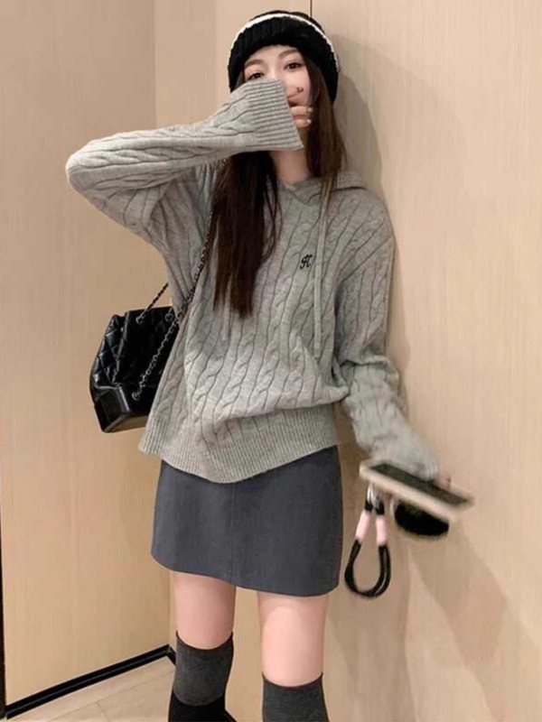 麻花套头连帽针织衫毛衣女灰色时尚宽松慵懒风小香风外套刺绣上衣|undefined